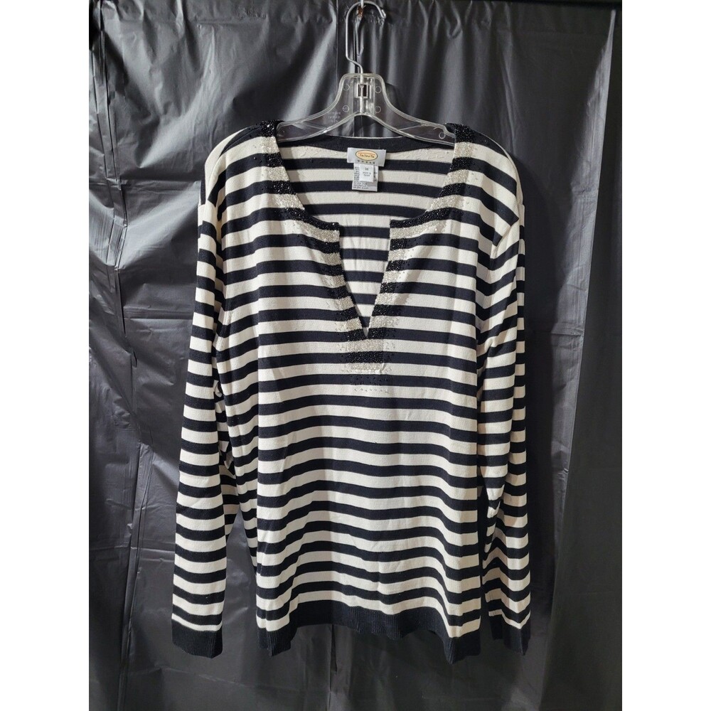Talbots Sweater Woman Plus Size 3X Black White Beaded V Neckline Long Sleeve Top